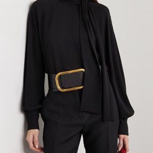 Long sleeve Plain Stand Collar Blouse, Blouses and Shirts, color:Black|size:XXL, Stylewe