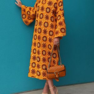 Stand Collar Loose Elegant Geometric Dress, Maxi Dresses, color:Orange|size:XXL, Stylewe