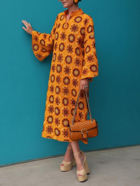 Stand Collar Loose Elegant Geometric Dress, Maxi Dresses, color:Orange|size:XXL, Stylewe