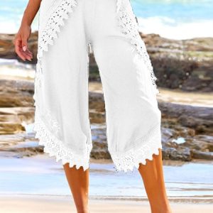 Linen Casual High Waisted Black Lace Stitching Beach Pants, Pants, color:White|size:XXL, JustFashionNow