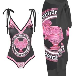 V Neck Ethnic Ethnic Printing One Piece With Cover Up, Coverups, color:Pink|size:XXL, Stylewe