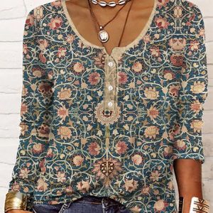 Knitted Crew Neck Casual Ethnic Shirt, Shirts & Blouses, color:Blue|size:4X, JustFashionNow