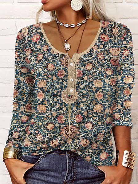 Knitted Crew Neck Casual Ethnic Shirt, Shirts & Blouses, color:Blue|size:4X, JustFashionNow