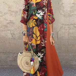 Women Floral Crew Neck Three Quarter Sleeve Comfy Casual Maxi Dress, Maxi, color:Orange Red|size:5XL, Noracora