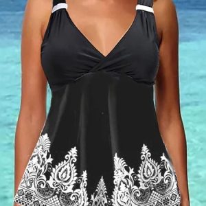 Vacation Ethnic Printing V Neck Tankini, swimwear>>Tankinis, color:Black|size:XXL, JustFashionNow