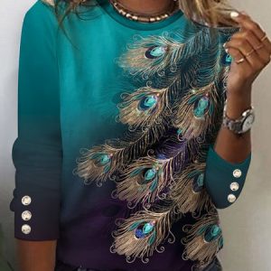 Feather Pattern Loose Crew Neck Casual T-Shirt, T-Shirts, color:Green|size:XXL, JustFashionNow