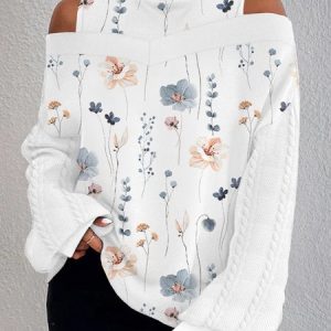 Casual Floral Loose Knitted Sweatshirt, Sweatshirts & Hoodies, color:White|size:XXL, JustFashionNow