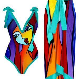 Casual Abstract Printing V NeckOne Piece With Cover Up, swimwear>>One-Pieces, color:Multicolor|size:S, JustFashionNow