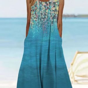 Casual Crew Neck Ombre Floral Dress, Midi, color:Blue|size:XXL, Noracora