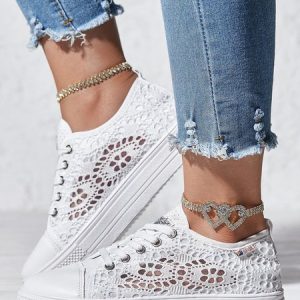 White Lace Breathable Casual Flats, Sneakers, color:White|size:43, JustFashionNow