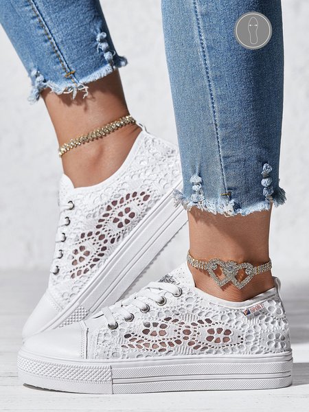 White Lace Breathable Casual Flats, Sneakers, color:White|size:43, JustFashionNow