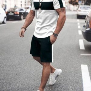 Casual Color Block Crew Neck Two-Piece Set, Suit Set, color:Color6|size:3XL, JustFashionNow