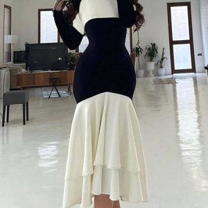 Elegant Tight Color Block Crew Neck Midi Dress With No Belt, Midi Dresses, color:Black-white|size:XXL, Stylewe