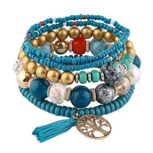 Boho Multicolor Beading Tassel Alloy Multilayer Bracelet, Bracelets, color:Cyan|size:One-size, JustFashionNow