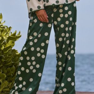 Regular Fit Polka Dots Elegant Fashion Pants, Pants, color:Green|size:XS, Stylewe