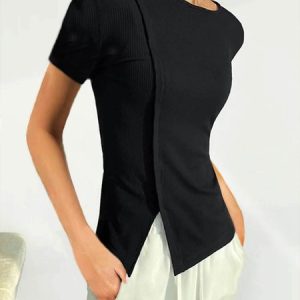 Urban Simple Short Sleeve Crew Neck Split T-Shirt, Tees, color:Black|size:XS, Stylewe
