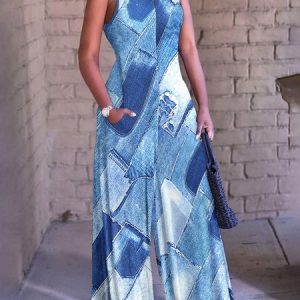 Daily Regular Fit Urban V Neck Geometric Jumpsuit, Jumpsuits, color:Blue|size:XXL, Stylewe