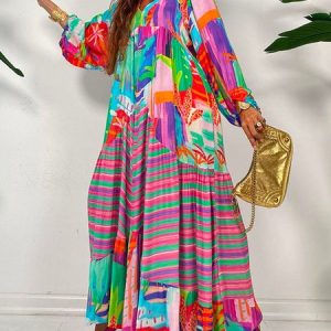 Random Print Loose V Neck Vacation Dress, Maxi Dresses, color:As Picture|size:XXL, Stylewe