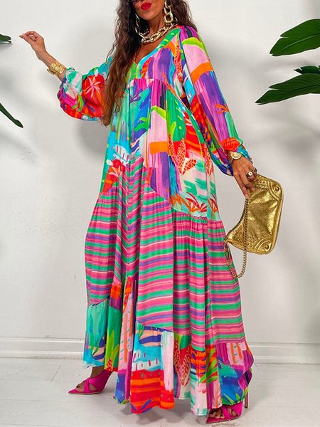 Random Print Loose V Neck Vacation Dress, Maxi Dresses, color:As Picture|size:XXL, Stylewe