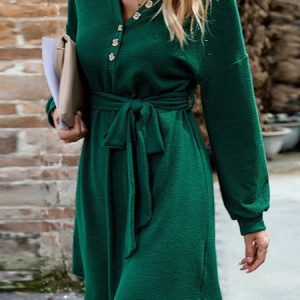 Women Plain V Neck Long Sleeve Comfy Casual Short Dress, Short, color:Green|size:XL, Noracora