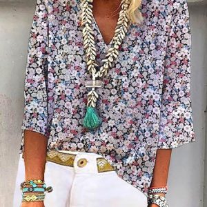 Vacation Disty Floral V Neck Shirt, Shirts & Blouses, color:Multicolor|size:XXL, JustFashionNow
