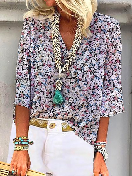 Vacation Disty Floral V Neck Shirt, Shirts & Blouses, color:Multicolor|size:XXL, JustFashionNow