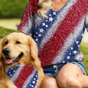 Women's America Flag Casual Loose Matching T-Shirt, color:Blue|size:3XL, Lilicloth.com