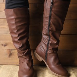 Vintage Soft Sole Comfortable Block Heel Tall Boots Rider Boots, Boots, color:Coffee|size:43, JustFashionNow