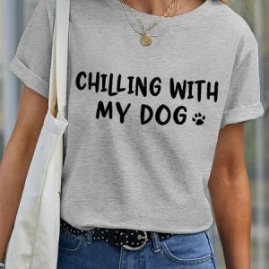 Lilicloth X Funnpaw Women's Chilling With My Dog Pet Matching T-Shirt, color:Gray|size:XXL, Lilicloth.com