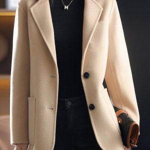 Lapel Collar Long Sleeve Plain Heavyweight Regular Fit Coat For Women, Coats, color:Apricot|size:3XL, Noracora
