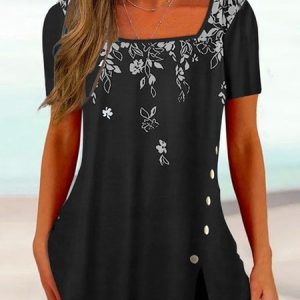 Floral Square Neck Loose Boho Top, Shirts & Blouses, color:Black|size:XXL, JustFashionNow