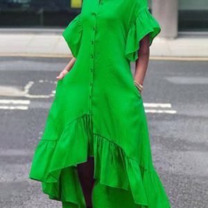 Daily Plain Elegant Stand Collar Dress, Midi Dresses, color:Green|size:XXL, Stylewe