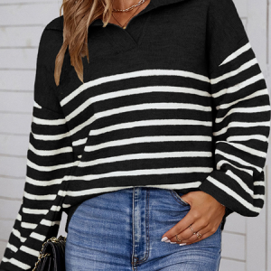 Women Yarn/Wool Yarn Striped Long Sleeve Comfy Casual Sweater, Sweaters, color:Black|size:XL, Noracora