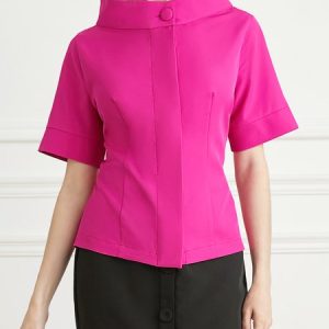 Regular Fit Short Sleeve Plain Elegant Blouse, Blouses and Shirts, color:Rose Red|size:XS, Stylewe