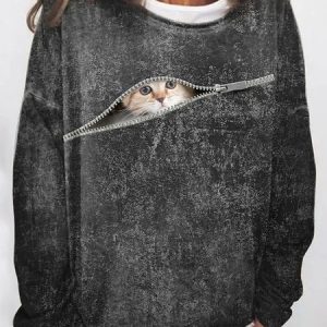 Crew Neck Loose Cat Casual Sweatshirt, Sweatshirts & Hoodies, color:Deep Gray|size:XXL, JustFashionNow