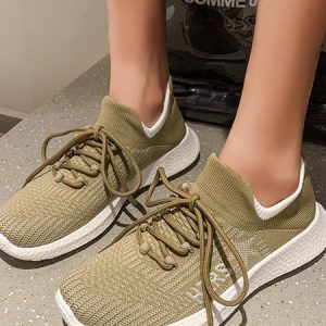 Sports Plain Lace-Up Flat Heel Fly Woven Shoes, Sneakers&Athletic, color:Camel|size:44, Noracora
