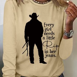 Women Funny Word Every Girl Needs A Little Rip In Her Jeans Text Letters Cotton-Blend Long Sleeve Top, color:Khaki|size:3XL, Lilicloth.com