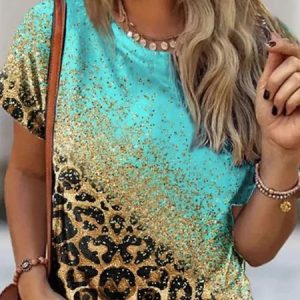 Casual Leopard Loose Crew Neck T-Shirt, T-shirts, color:Blue|size:XXL, Noracora