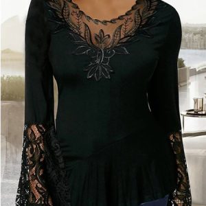 Lace Elegant Regular Fit Plain Shirt, Shirts & Blouses, color:Black|size:XXL, JustFashionNow