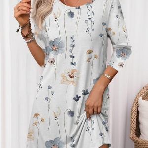 Loose Floral Casual Crew Neck Dress, Dresses, color:White|size:XXL, JustFashionNow