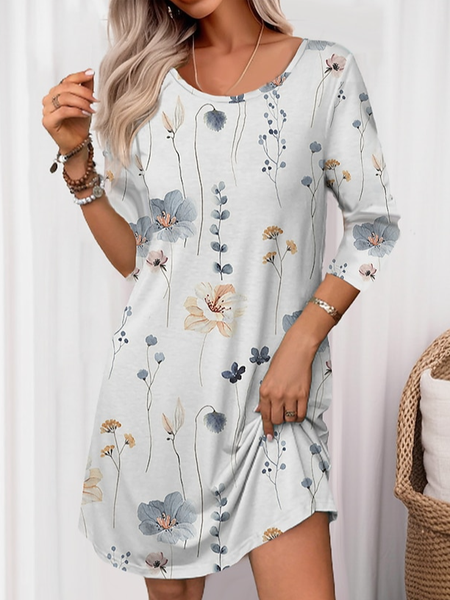 Loose Floral Casual Crew Neck Dress, Dresses, color:White|size:XXL, JustFashionNow