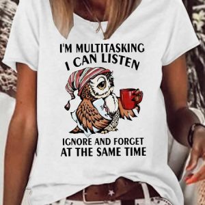 Womens Funny Lestter Owl I'm Multitasking Casual T-Shirt, color:White|size:3XL, Lilicloth.com