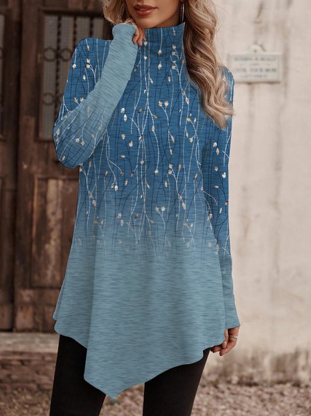 Floral Knitted Turtleneck Casual T-Shirt, T-Shirts, color:Blue|size:XXL, JustFashionNow