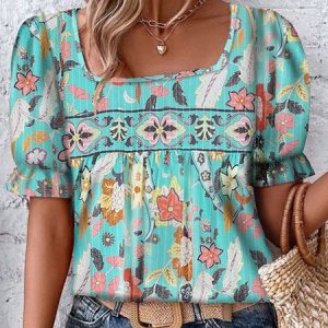 Floral Elegant Shirt, Shirts & Blouses, color:Blue|size:XXL, JustFashionNow