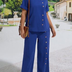 Plain Loosen Casual Two-Piece Set, Suit Set, color:Blue|size:XXL, JustFashionNow