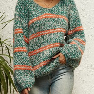 Casual Striped Crew Neck Regular Fit Sweater, Sweaters, color:darkgreen|size:XXL, JustFashionNow