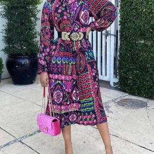 Regular Fit Abstract Stand Collar Elegant Midi Dress, Midi Dresses, color:Deep Pink|size:XXL, Stylewe