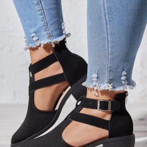 Casual Breathable Block Heel Hollow Ankle Boots with Zipper, Boots, color:Black|size:42, Noracora