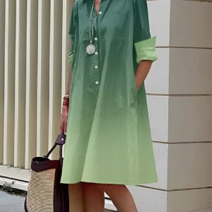 Shirt Collar Urban Ombre Regular Fit Dress, Mini Dresses, color:Green|size:XXL, Stylewe