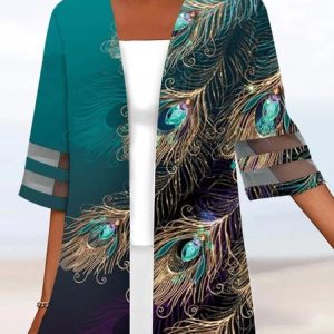 Feather Pattern Loose Casual V Neck Kimono, Cardigans, color:Green|size:XXL, JustFashionNow
